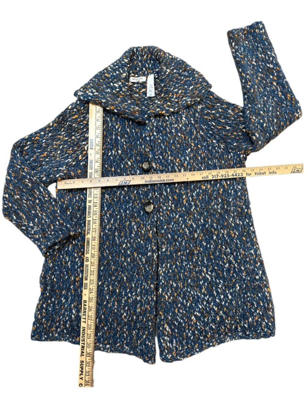 Liz Claiborne Sz 1X Blue, Cream & Brown Knit Collared Long 3-Snap Cardigan - Picture 9 of 9